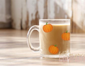 Halloween Pumpkin Glass Mug – Spooky Fall Mug – 11oz Clear Coffee Cup – Autumn Pumpkin Design – Fall Coffee Mug