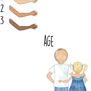 Op de afbeelding: Illustratie van drie kinderen, een baby, een kind en een peuter. Het kind en de peuter staan met hun armen om elkaar heen. De baby zit op de grond. De illustratie bevat een huidskleurenkaart met drie opties.