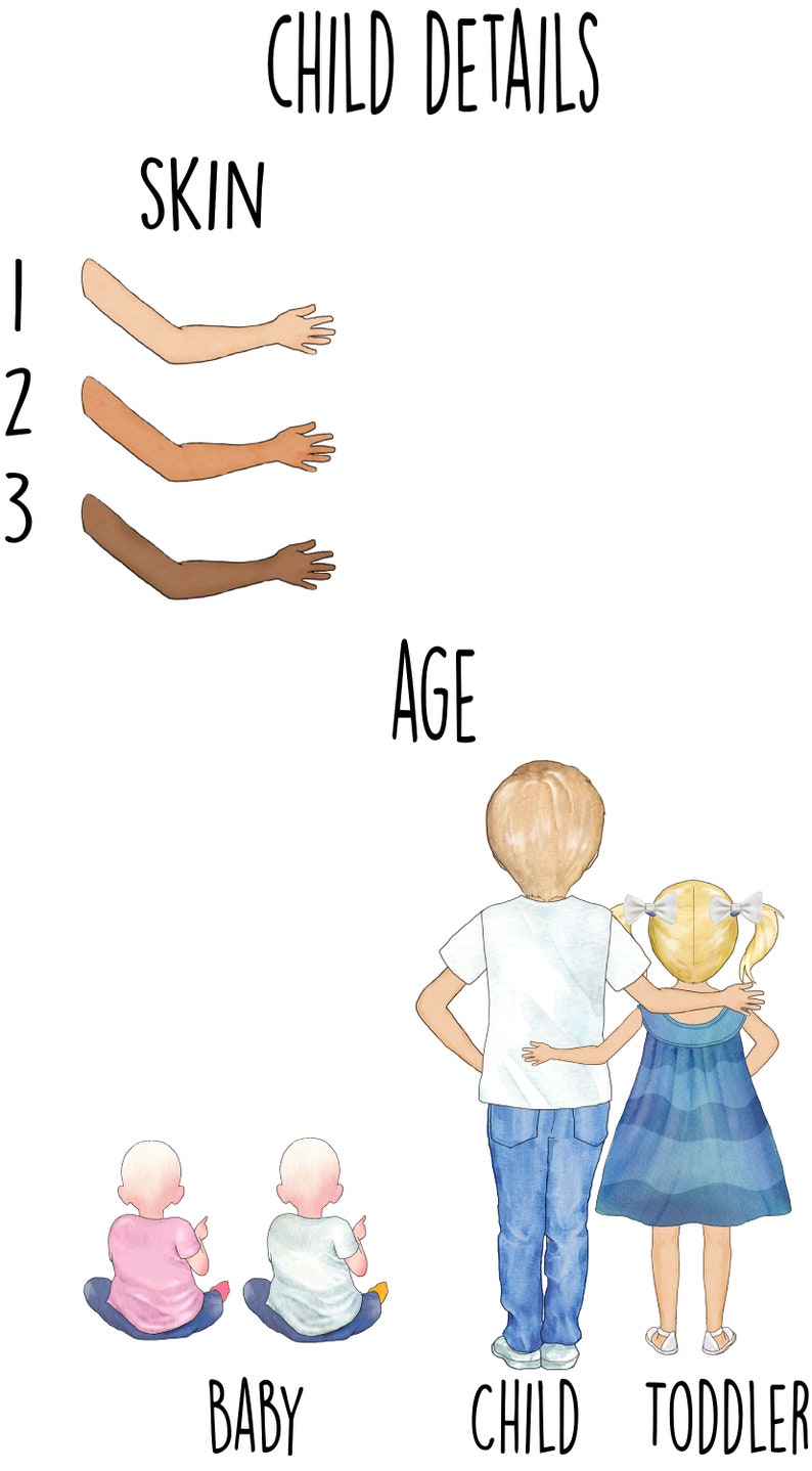 Op de afbeelding: Illustratie van drie kinderen, een baby, een kind en een peuter. Het kind en de peuter staan met hun armen om elkaar heen. De baby zit op de grond. De illustratie bevat een huidskleurenkaart met drie opties.