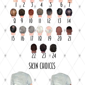 Op de afbeelding: Een grafiek met 24 verschillende kapsels voor mannen, genummerd van 1 tot en met 24. Onder de kapsels is een sectie met de naam "HUIDKEUZES" met twee verschillende huidtinten, genummerd 1 en 2.