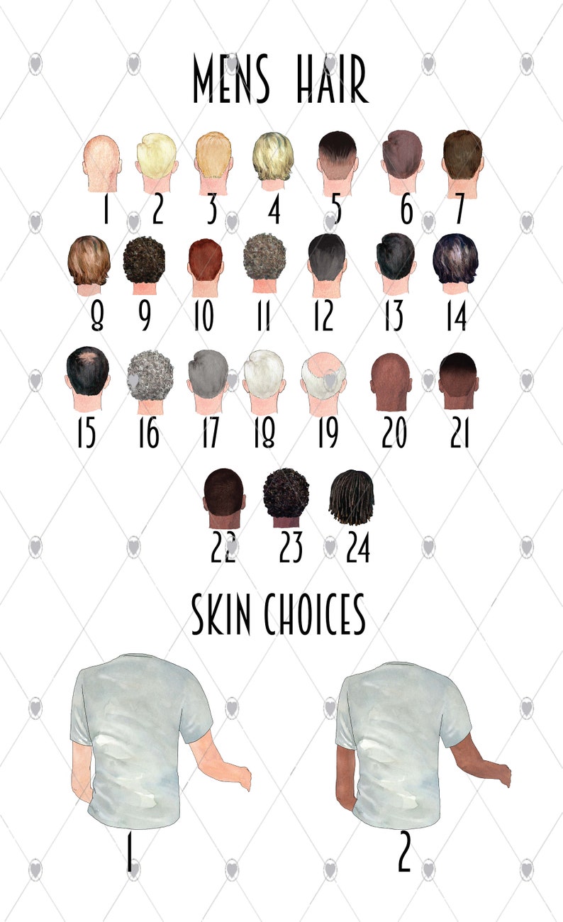 Op de afbeelding: Een grafiek met 24 verschillende kapsels voor mannen, genummerd van 1 tot en met 24. Onder de kapsels is een sectie met de naam "HUIDKEUZES" met twee verschillende huidtinten, genummerd 1 en 2.