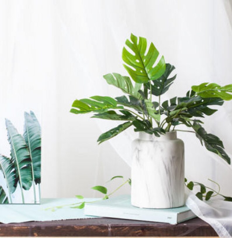 Marble Ceramic Vase Set with Artificial Monstera Bush / White Etsy