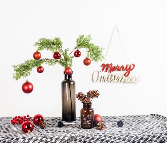 Christmas Decor Faux Pine Cone Stem With Red Ornaments In Etsy