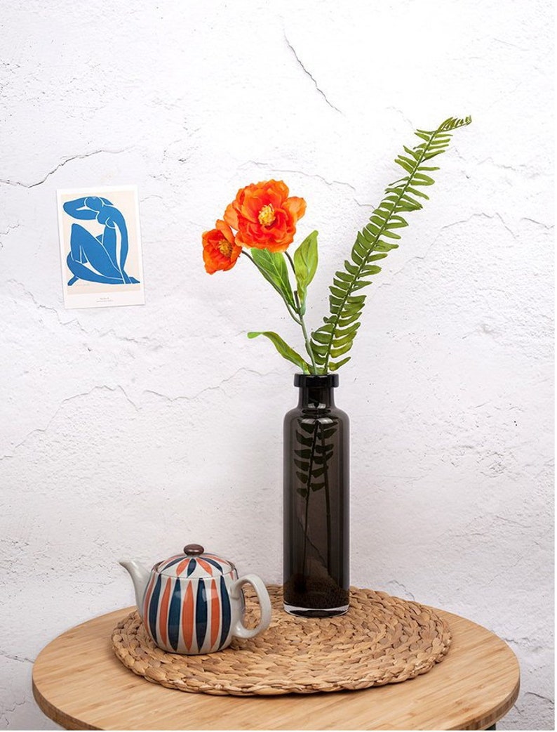 New Artificial Orange Puppy Flower Tropical Leaf In Glass Image 0