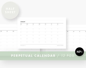 Perpetual Calendar - 5.5 x 8.5 Half Sheet Size - Printable PDF - Instant Digital Download - Minimalist Modern - Black and White