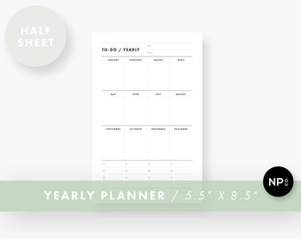 Yearly Planner - 5.5 x 8.5 - Half Sheet - Printable PDF - Instant Digital Download - Minimalist Modern - Black and White