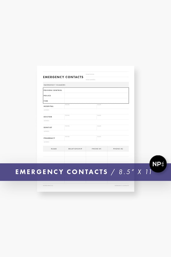 emergency contact sheet digital download household etsy