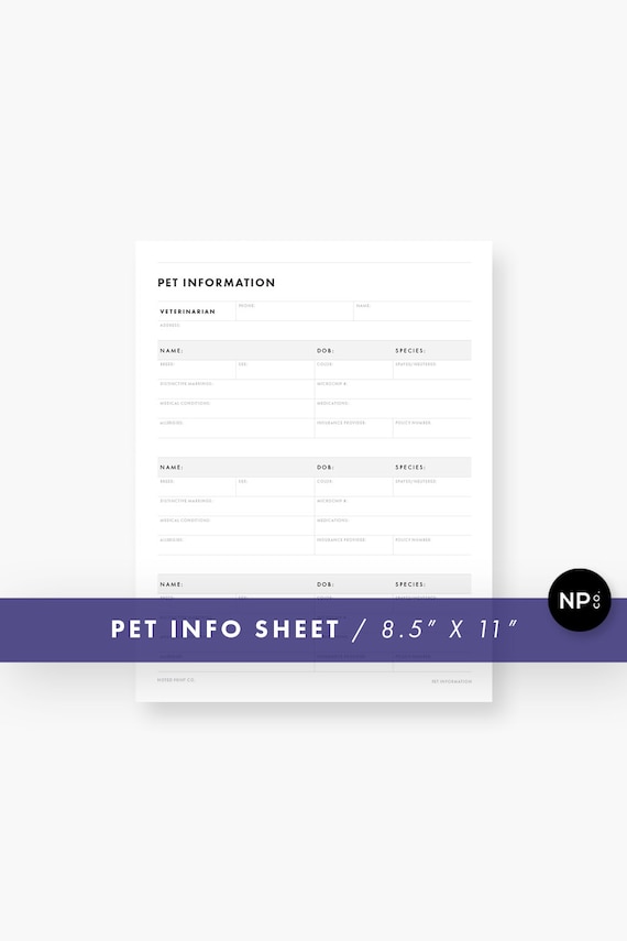 pet information sheet 8 5 x 11 letter size printable pdf etsy