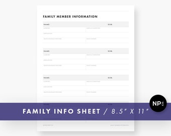 Family Member Info Sheet - 8.5 x 11 Letter Size - Printable PDF - Instant Digital Download - Minimalist Modern - Black and White - Sitter