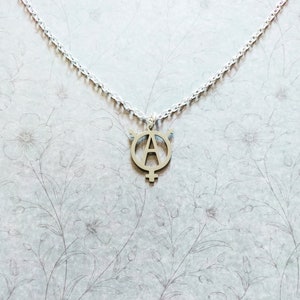 Peut inclure: Un collier en argent avec un pendentif représentant un symbole d'anarchie à l'intérieur d'un cercle avec un symbole de genre en bas.