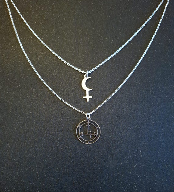 Double layer stainless steel Lilith sigil and black moon symbol with silver plated chain neclaces.