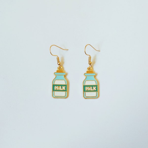 Cute milk bottle enamel drop earrings on gold plated hooks.