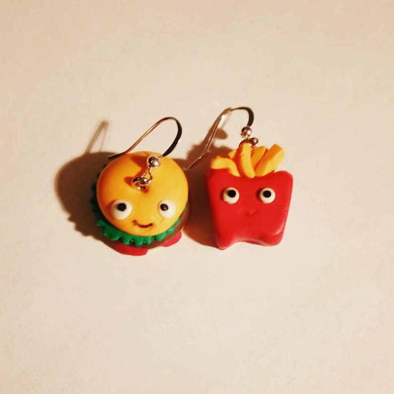 Pet Burger And Fries Earrings Silver Plated Hooks. Cute Hamburger And French Fries kawaii