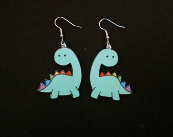 Rainbow dinosaur acrylic earrings with silver plated hooks. Gay. Pride. Dinosaur. LGBTQ. LGBTQ+.