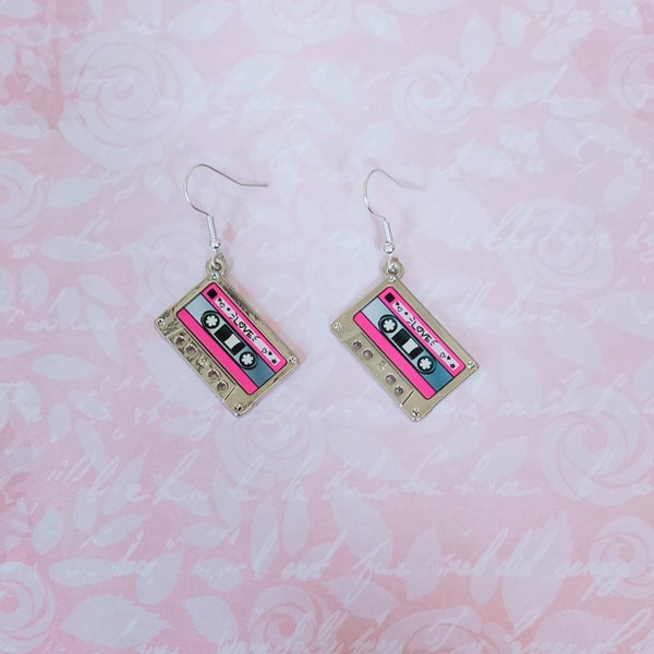 Retro mixtape cassette earrings. Cute. kawaii. 80's, 90's. Silver Plated Hooks.