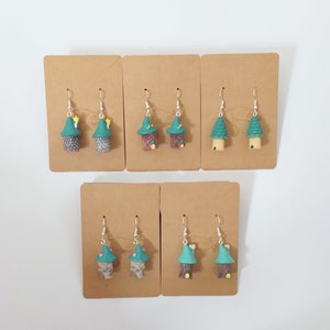 Fairy house drop earrings in a choice of styles. Silver plated hooks. Cottage core. Unusual. Statement earrings. Cute. Quirky.