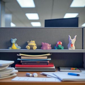 May include: A collection of colorful Pokémon figurines displayed on a shelf in an office setting. The figurines include a blue and yellow Lapras, a brown and yellow Snorlax, a purple Ditto, a green and red Poliwag, and a white and red Dragonite.