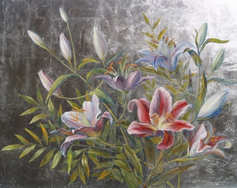 SOULD out --------- lily painting. Painting purple flowers. Realistic. Oil Painting Lilies on Silver