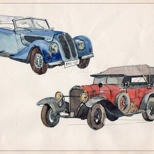 Blaues Auto. Rotes Auto.  Original Aquarell, Altes Auto Druck, Altes Auto Gemälde, Vintage Auto Druck, Auto Liebhaber Geschenk, Oldtimer Dekor, antik Auto