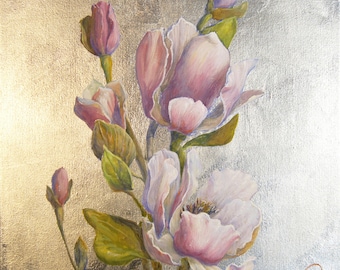 Painting Flower Magnolia. Optimistic painting. Oil on a silver background Art Painting Gift 40x40cm