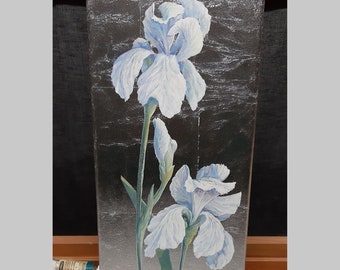 White irises 1 Flowers White Oil Painting picture on silver 40.3x20cm Home and office decoration. A gift to the woman you love