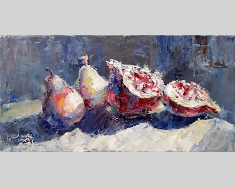 Painting. Pomegranate. Pears. Realistic handmade. Optimistic painting Palette knife. 40x20cm