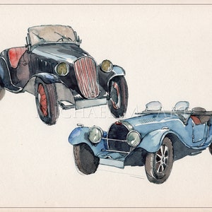 Schwarzes Auto, Blau c. Original Aquarell, Altes Auto Druck, Alte AutoMalerei, Vintage Auto Druck, Auto Liebhaber Geschenk, Oldtimer Dekor, antik Auto.