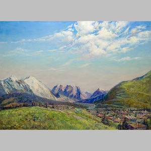 Dipinto ad olio sulle montagne delle Alpi: Paesaggio di Seefeld (19,7x27,6)