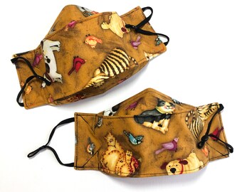 Critter, Dog, Cat, Bird print, 3D Style Cotton Face Covering 2 Layer Cotton Face Mask. IN STOCK!