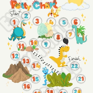 May include: A colorful dinosaur-themed potty training chart with a path of footprints leading from "Start" to "Finish". The chart features numbers 1 through 22, a sun, clouds, and various dinosaurs.