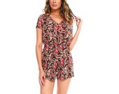 Fashionazzle Women 39 s Cotton Printed Romper Short Sleeve V Neck with waist elastic band Playsuit