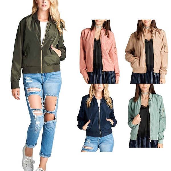 Women's Lightweight Solid Classic Zip Up Long Bomber Jacket Coat