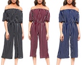 Fashionazzle Women 39 s 3 4 Sleeve Strapless Stripe Jumpsuits