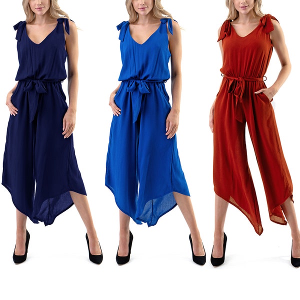 Women's Outfit Sleeveless Shoulder Bandage Waistband Sexy V-Neck Wide Leg Long Jumpsuit with Belt