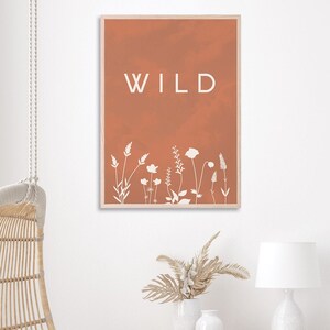 WILD AND FREE, Typography Print, Terracotta Wall Art, Minimalist Poster, Bohemian Wall Decor, Boho Wall Art, Boho Decor, Boho Wall Print