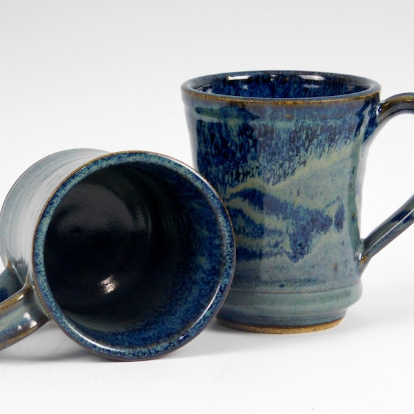 Pair of Wheel Thrown Pottery Mugs in Variegated Blue, Handmade in Vermont