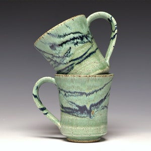 Wheelthrown  Pottery Mugs,  Spearmint and Cobalt Glaze, Handmade in Vermont Studio