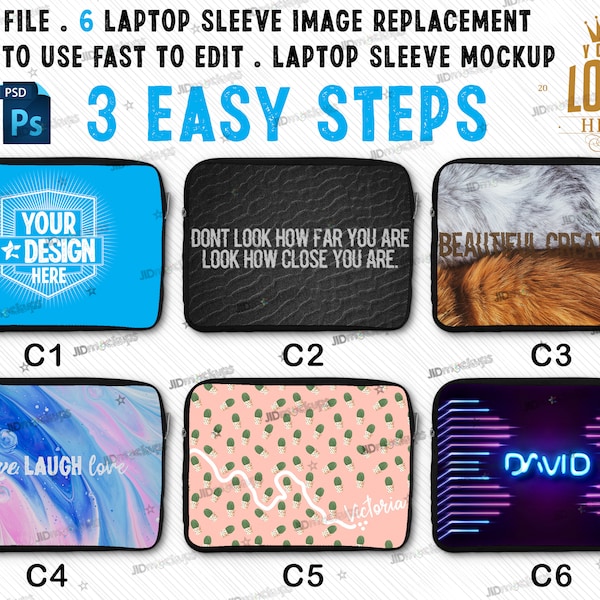 PSD File Laptop Sleeve Mockups | 6 Templates Image Placement Design | Photoshop Digital File Instant Download | New Easy Multiple Mockitup