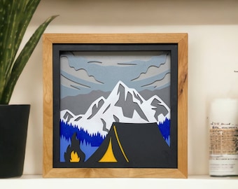 3D Layered Camping Mountain Scene. Laser Cut Art. Mountain Landscape. Reclaimed Wood Wall Art. 3D Wall Art. Outdoor Enthusiast Gifts