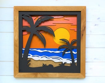 3D Layered Beach Sunset Scene. Laser Cut Art. Beach Landscape. Reclaimed Wood Wall Art. 3D Wall Art. Outdoor Enthusiast Gifts. Ocean View