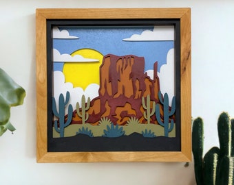 3D Layered Desert Canyon Sunset Scene. Laser Cut Art. Mountain Landscape. Reclaimed Wood Wall Art. 3D Wall Art. Outdoor Enthusiast Gifts