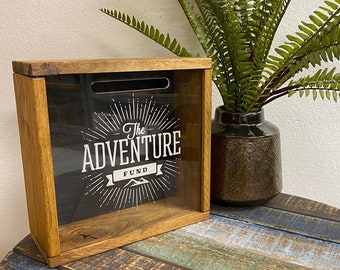 Shadow Box Savings Bank. Adventure Fund. Wooden Piggy Bank. Money Box. Vacation Fund. Travel Savings. Adult Bank. Table Decoration