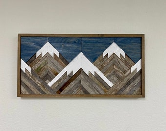 Rustic Mountain Tops. Blue Sky. Single Piece. Reclaimed Wood Wall Art. Wood Mountains. Mountain Wood Wall Art. Handmade Mountains.