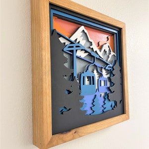 Layered Gondola Mountain Scene. Laser Cut Art. Mountain Landscape. Reclaimed Wood Wall Art. 3D Wall Art. Mountain Home Decor. image 5