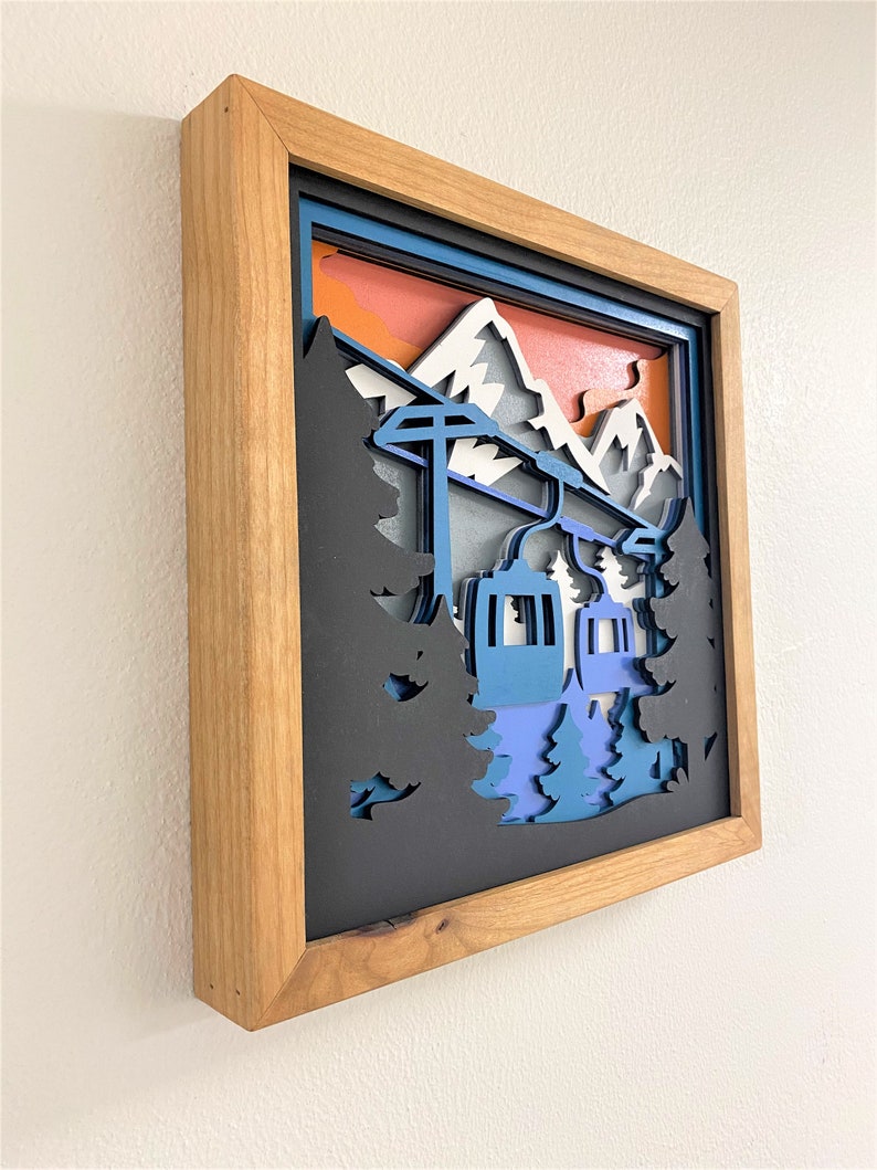 Layered Gondola Mountain Scene. Laser Cut Art. Mountain Landscape. Reclaimed Wood Wall Art. 3D Wall Art. Mountain Home Decor. image 5