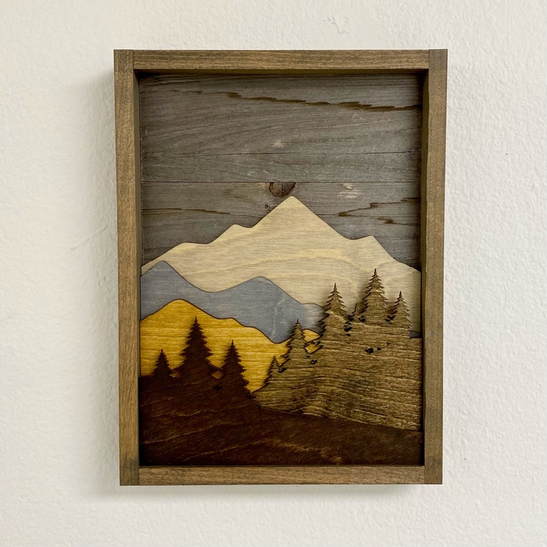 Layered Mountain Scene with Pine Trees. Laser Cut Art. Mountain Landscape. Reclaimed Wood Wall Art. 3D Wall Art. Mountain Home Decor. image 1