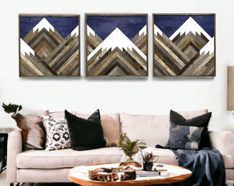 Rustic Mountain Tops With Blue Sky Set Of 3. Reclaimed Wood Wall Art. Wood Mountains. Mountain Wood Wall Art. Handmade Mountains.