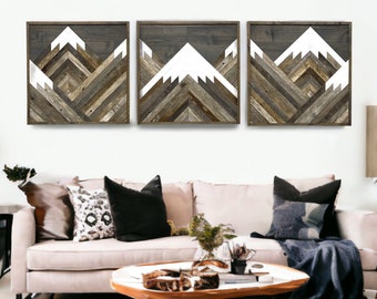 Rustic Mountain Tops With Grey Sky Set Of 3. Reclaimed Wood Wall Art. Wood Mountains. Mountain Wood Wall Art. Handmade Mountains.