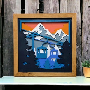 Layered Gondola Mountain Scene. Laser Cut Art. Mountain Landscape. Reclaimed Wood Wall Art. 3D Wall Art. Mountain Home Decor. image 1