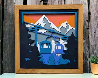 Layered Gondola Mountain Scene. Laser Cut Art. Mountain Landscape. Reclaimed Wood Wall Art. 3D Wall Art. Mountain Home Decor.